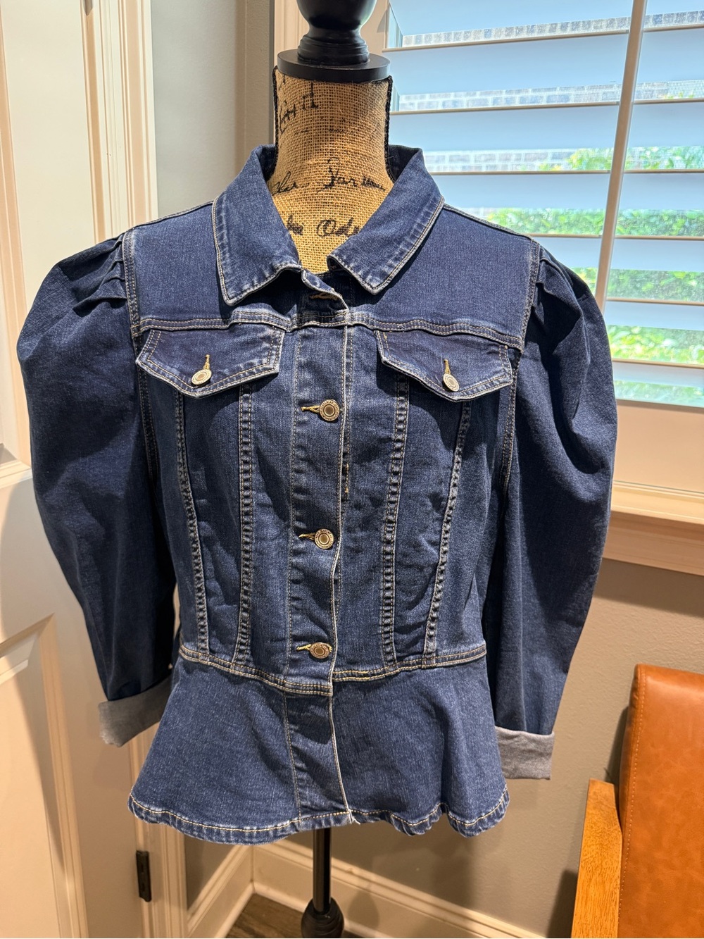 SHEIN Curve Dark Blue Denim Peplum Jean Jacket with Puff Sleeves - NWOT